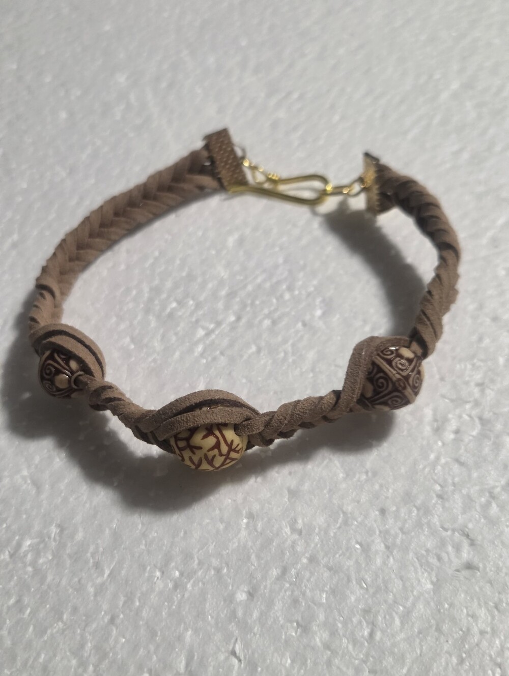 Handcrafted Brown Braided Leather Bracelet with Decorative Wood Beads